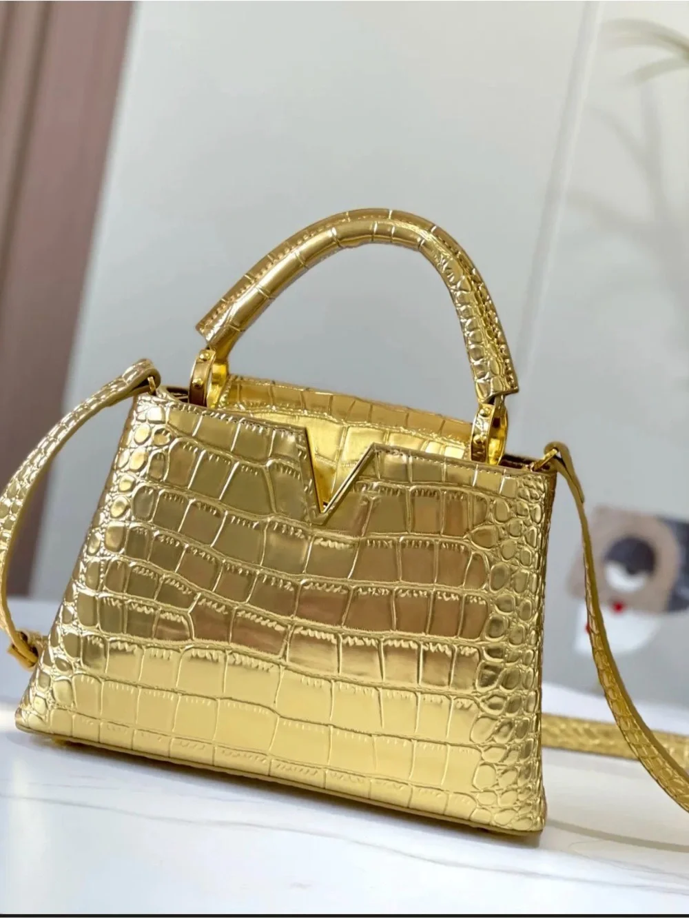 Gold Croc-Embossed Top Handle Bag - Designer Style